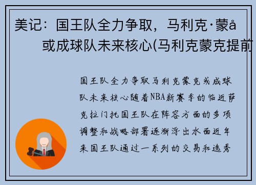 美记：国王队全力争取，马利克·蒙克或成球队未来核心(马利克蒙克提前进场)