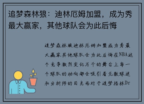 追梦森林狼：迪林厄姆加盟，成为秀最大赢家，其他球队会为此后悔