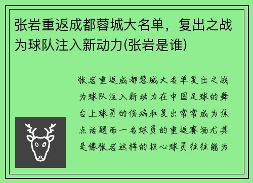 张岩重返成都蓉城大名单，复出之战为球队注入新动力(张岩是谁)