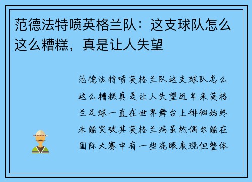 范德法特喷英格兰队：这支球队怎么这么糟糕，真是让人失望