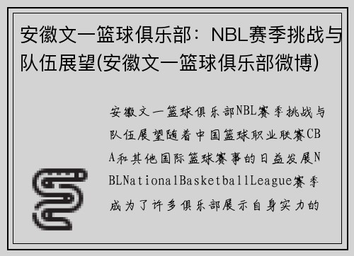 安徽文一篮球俱乐部：NBL赛季挑战与队伍展望(安徽文一篮球俱乐部微博)
