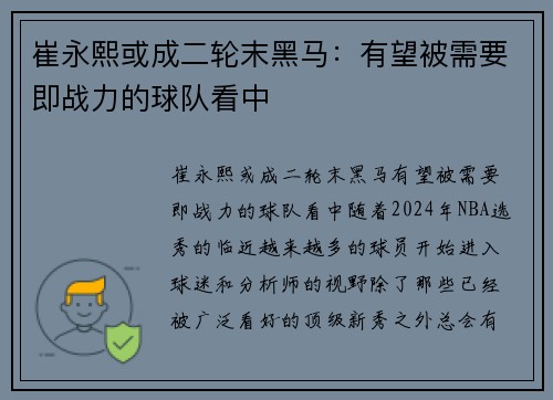 崔永熙或成二轮末黑马：有望被需要即战力的球队看中
