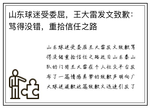 山东球迷受委屈，王大雷发文致歉：骂得没错，重拾信任之路