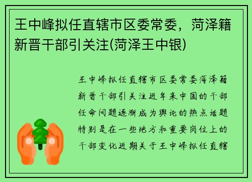 王中峰拟任直辖市区委常委，菏泽籍新晋干部引关注(菏泽王中银)