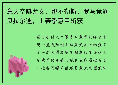 意天空曝尤文、那不勒斯、罗马竞逐贝拉尔迪，上赛季意甲斩获
